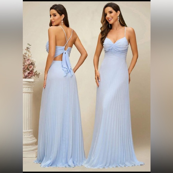 SHEIN Blue Pleated Tie Front Maxi Gown - Picture 1 of 3